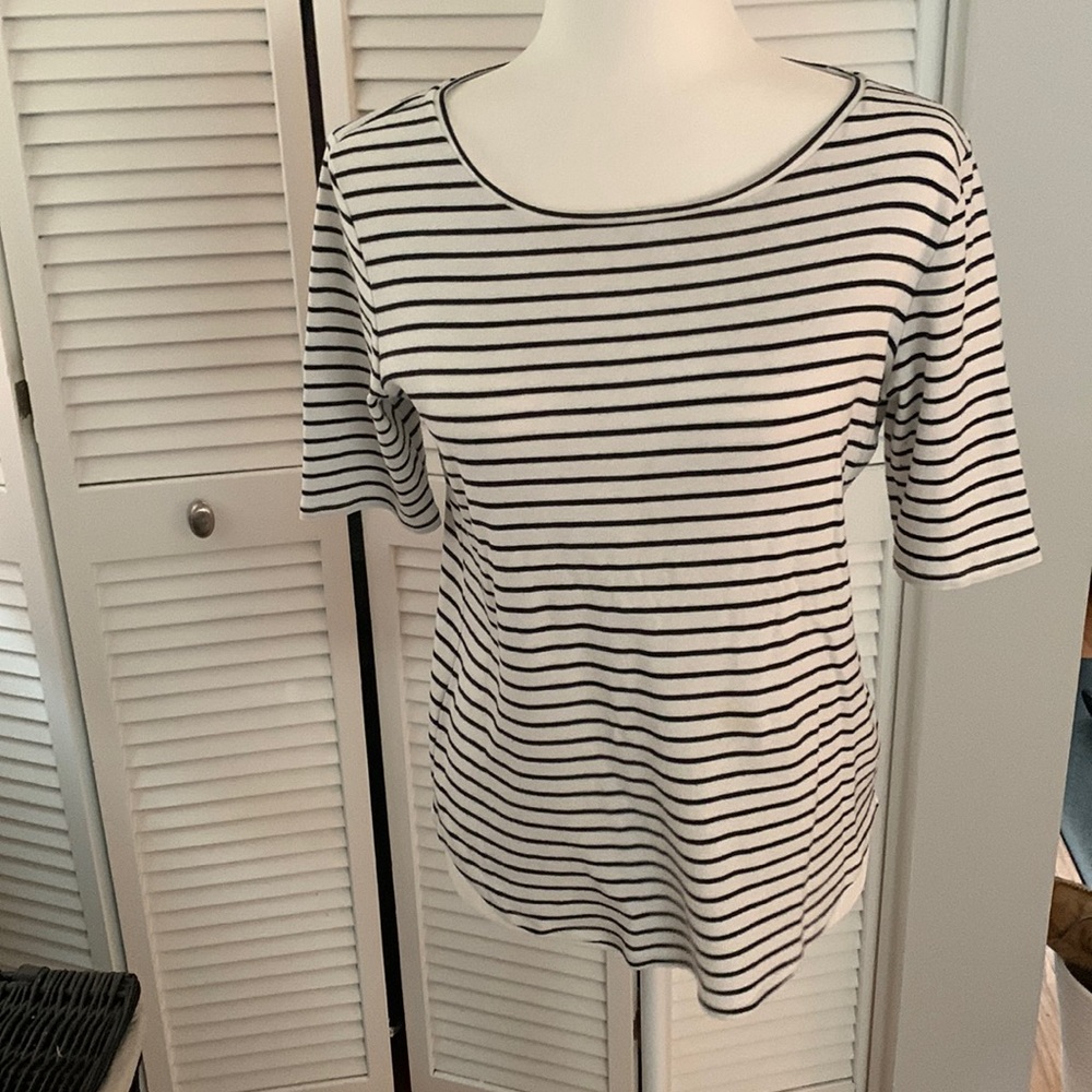 Black and white stripped cotton shirt with longer short sleeves